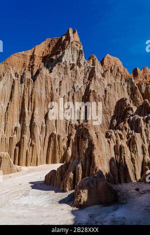 Sun and shdows create a. contrast of colors among the clay formations at Cathedral Gorge, NV Stock Photo
