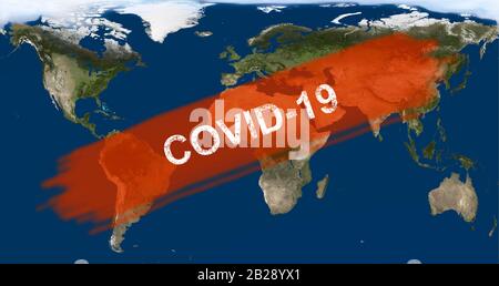 Coronavirus epidemic, word COVID-19 on global map. Novel coronavirus outbreak in China. The spread of corona virus in the World. COVID-19 infection co Stock Photo