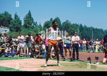 Carl Lewis competing the long jump at the 1984 US Pepsi Invitational. Stock Photo