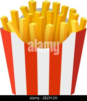 French fries potato tasty fast street food in red paper striped carton package box. Vector flat eps illustration isolated on white background Stock Vector