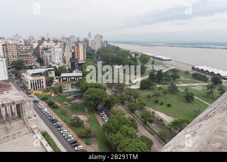 National Flag Park and Parana River seen from the Tower of the National Flag Memorial, in Rosario, Argentina Stock Photo