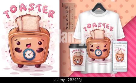 Cute toaster poster and merchandising. Stock Vector
