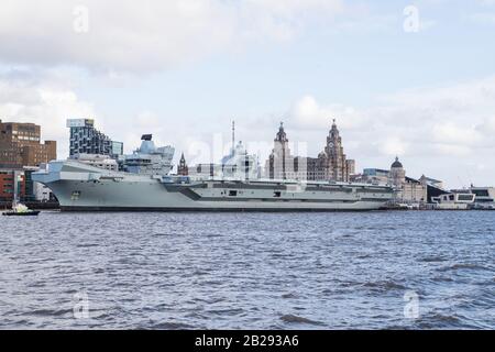 HMS Prince of Wales seen on the River Mersey in Liverpool during its first public outing pictured on 1 March 2020. Stock Photo