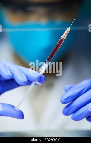 Close up of scientist with gloved hands holding syringe with blood while working on bio research in laboratory, copy space Stock Photo