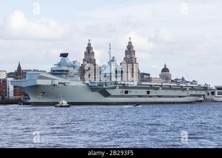 HMS Prince of Wales seen on the River Mersey in Liverpool during its first public outing pictured on 1 March 2020. Stock Photo