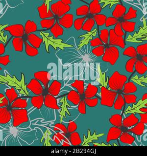 Red flowers for decorative design. Vector floral template. Abstract seamless pattern on green backdrop. Textile print design. Vector flowers design Stock Vector