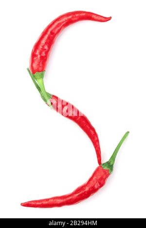 red hot chili peppers isolated on white background. Letter S. Top view. Flat lay pattern Stock Photo