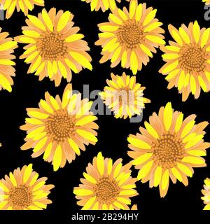 Beautiful seamless pattern with yellow sunflowers on black background. Seamless vector pattern. Decorative floral illustration. Meadow blossom. Floral Stock Vector
