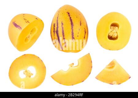 Fresh Pepino fruit isolated on white background. Top view, flat lay. Set or collection Stock Photo