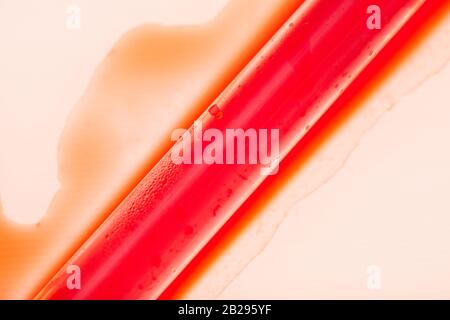 Above view background of blood spilling around test tube sample in medical laboratory, copy space Stock Photo