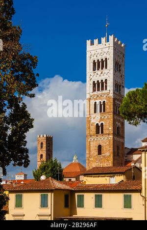 View of Lucca medieval historic center with ancient towers and belfries Stock Photo