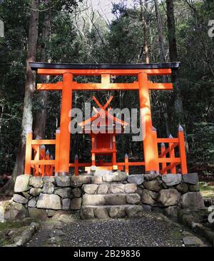 Japanese shinto shrine with red Torii gate in the forest Stock Photo
