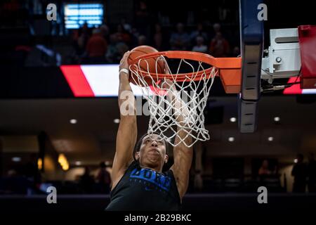 Charlottesville, VA, USA. 29th Feb, 2020. Duke player warms up during the NCAA Basketball game between the Duke University Blue Devils and University of Virginia Cavaliers at John Paul Jones Arena in Charlottesville, VA. Brian McWalters/CSM/Alamy Live News Stock Photo