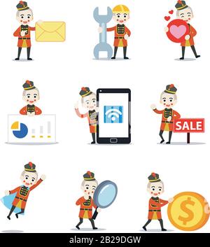 Set character of male nutcracker doll as vintage Christmas toys decoration. Stock Vector