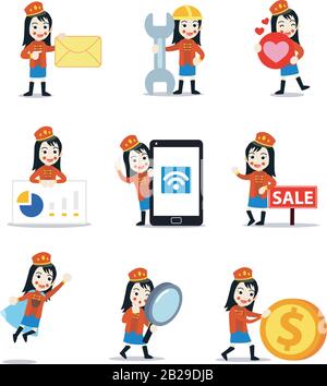 Set character of woman wooden nutcracker doll in Christmas toys. Stock Vector