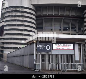 (200302) -- MILAN, March 2, 2020 (Xinhua) -- General view is seen outside the San Siro stadium after a Serie A soccer match between AC Milan and Genoa was postponed due to the recent coronavirus outbreak in Milan, Italy, March 1, 2020. The number of Italians infected by the coronavirus 'continues to accelerate,' Giovanni Rezza, head of the Italian High Institute of Health's Department of Infectious Diseases, said Sunday, adding that the country was at least a week away from seeing a peak in the outbreak. According to Angelo Borrelli, Civil Protection Department chief and Extraordinary Comm Stock Photo