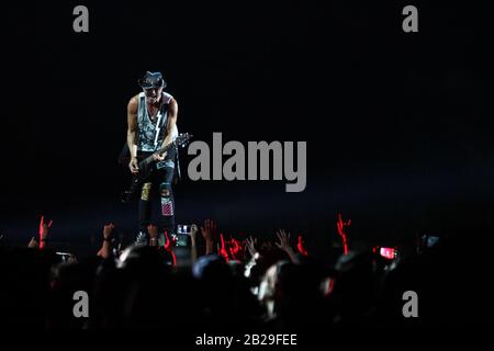 Special Region Of Yogyakarta, Indonesia. 01st Mar, 2020. Rudolf Schenker, guitarist of a German rock band, Scorpion playing guitar during the JogjaRockarta Music Festival in Yogyakarta, Indonesia, Sunday, March 1, 2020. Scorpion's performance was almost canceled due to the corona virus (COVID-19) issue that was sweeping Southeast Asia. (Photo by Devi Rahman/INA Photo Agency/Sipa USA) Credit: Sipa USA/Alamy Live News Stock Photo