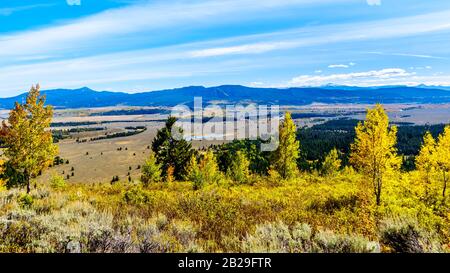 Fall Colors in the Snake River Valley viewed from Signal Mountain in Grand Teton National Park in Wyoming, United States Stock Photo