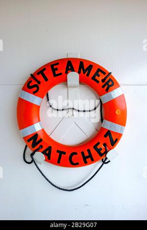 Steamboat Natchez red life preserver, lifebuoy on board, New Orleans, Louisiana, USA Stock Photo