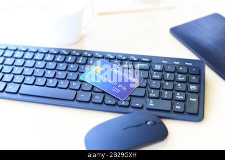 Credit card on keyboard computer Online payment for purchases from online stores / Online shopping technology pay concept Stock Photo