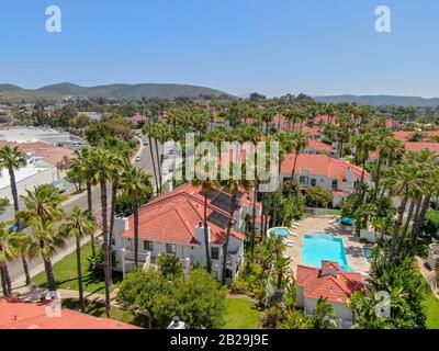 Aerial view of typical Southern California Spanish style residential ...