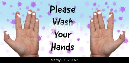 Please wash your hands, two hands with fingers with faces wearing face masks with one finger person sneezing, virus background. Stock Photo