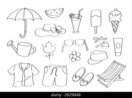 Cute doodle summer season cartoon icons and objects. Stock Vector