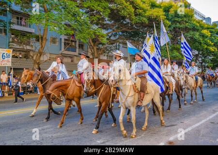 MONTEVIDEO, URUGUAY, MARCH - 2020 - Country uruguayan people on horseback at assumption parade of Lacalle Pou Herrera as new president of uruguayan re Stock Photo