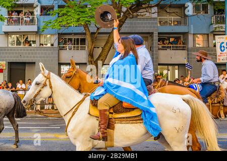 MONTEVIDEO, URUGUAY, MARCH - 2020 - Country uruguayan people on horseback at assumption parade of Lacalle Pou Herrera as new president of uruguayan re Stock Photo