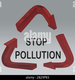 3D illustration of STOP POLLUTION title in a recycling symbol, isolated on a gray gradient. Stock Photo