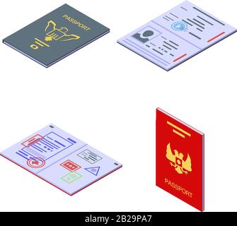 Passport icons set, isometric style Stock Vector