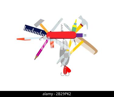Multifunctional pocket folding tool. Parody. Vector illustration. Stock Vector