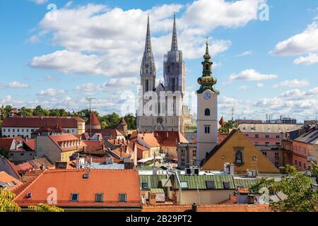 View of historic Zagreb upper city with rooftops and cathedral towers on beautiful sunny day. Image Stock Photo