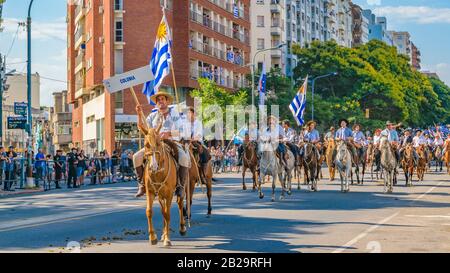 MONTEVIDEO, URUGUAY, MARCH - 2020 - Country uruguayan people on horseback at assumption parade of Lacalle Pou Herrera as new president of uruguayan re Stock Photo