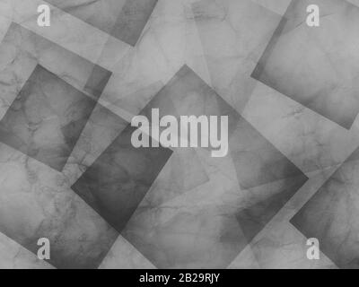 abstract black and white background, layers of intersecting angles, rectangles and squares floating in random pattern, transparent layers with grunge Stock Photo