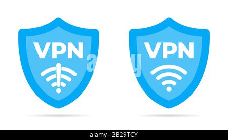 Wireless shield VPN wifi and no vpn icon sign flat design vector illustration set. Wifi internet signal symbols in the security shield isolated on yel Stock Vector