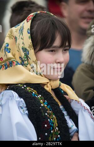 Girl dressed in traditional Romanian (Maramuresh region) clothes. Portrait. Stock Photo