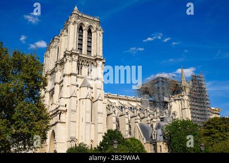 Notre Dame Cathedral under reconstruction after the fire in Paris, France Stock Photo