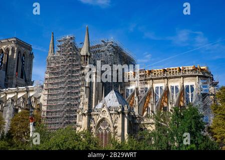 Notre Dame Cathedral under reconstruction after the fire in Paris, France Stock Photo
