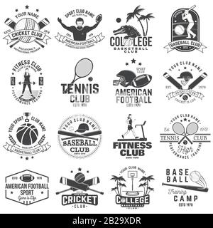 Set of american football, fitness, basketball, cricket, tennis, baseball club badge. Vector illustration for shirt, logo, print, stamp. Vintage design with sportsman player, helmet and ball silhouette Stock Vector