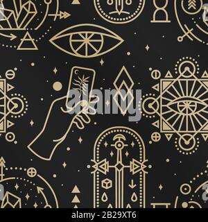 Gold esoteric seamless pattern, background. Vector. Thin line geometric pattern. Outline texture for alchemy, sacred geometry. Mystic and magic design with philosopher stone, hand, old sword, crystals Stock Vector