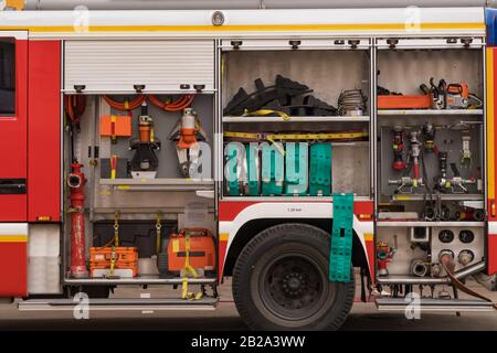 View of neatly fixed equipment for fire fighting. Stock Photo