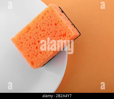 sponge for washing dishes on a plate on a red background Stock Photo
