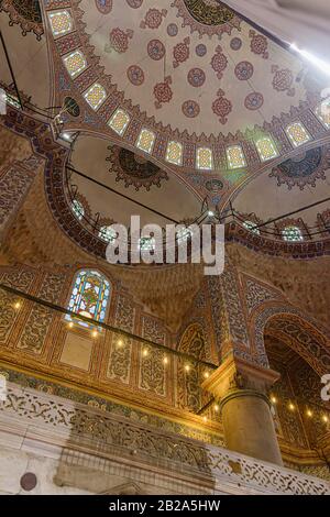 Ornate ceramic tiles on the walls and dome inside the Blue Mosque, Istanbul, Turkey