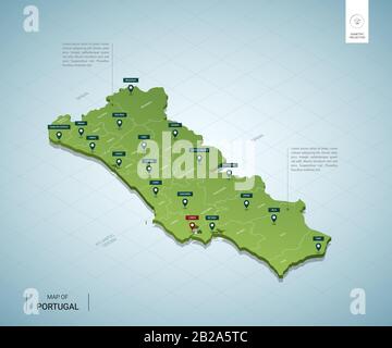 Stylized map of Portugal. Isometric 3D green map with cities, borders, capital Lisbon, regions. Vector illustration. Editable layers clearly labeled. Stock Vector