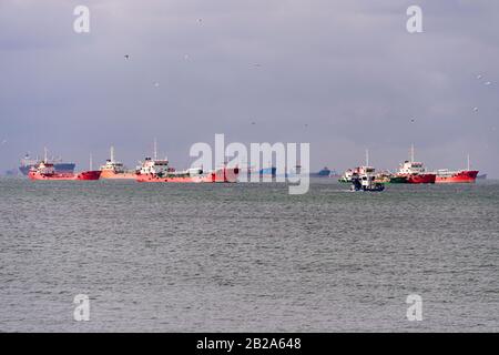 Dozens of ships and tankers wait in the Sea of Marmara to pass through the Bosphorus strait into the Black Sea Stock Photo