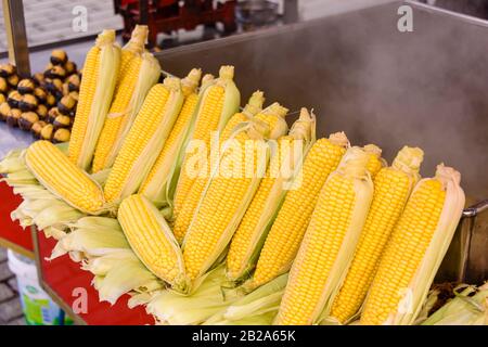 Roasted sweetcorn on sale at a traditional street cart, Istanbul, Turkey Stock Photo