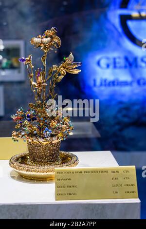 Gold and Diamond ornament in a display case at Gems Gallery diamond factory, Bangkok, Thailand Stock Photo