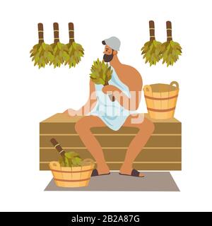 Bath and sauna poster with a man keeps broom in her hand. Isolated cute vector illustration Stock Vector