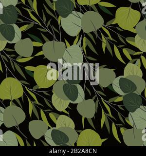 Seamless pattern with branches of a willow and eucalyptus on a black background. Vector illustration Stock Vector